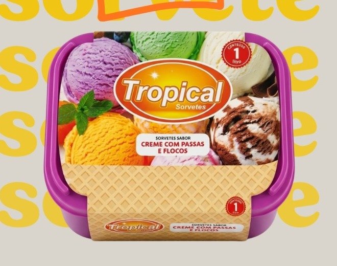 Pote de sorvete Tropical de 1 litro com sabores de creme, passas e flocos